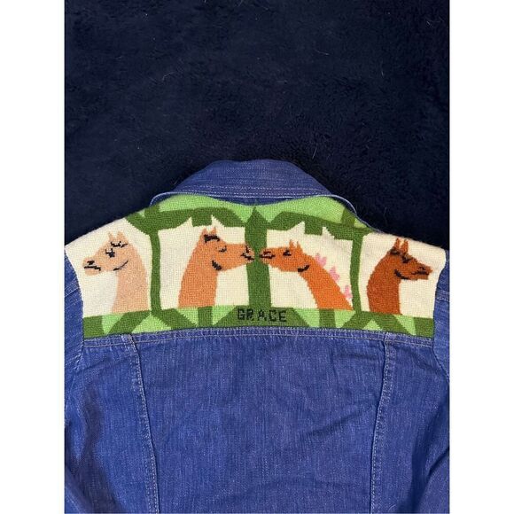 Vintage 1960s Slantzi Craft Selvedge Blue Jean Denim Needlepoint Jacket Womens L - Picture 8 of 13